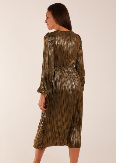 Blue Vanilla Gold Plisse V-Neck Elasticated Midi Dress