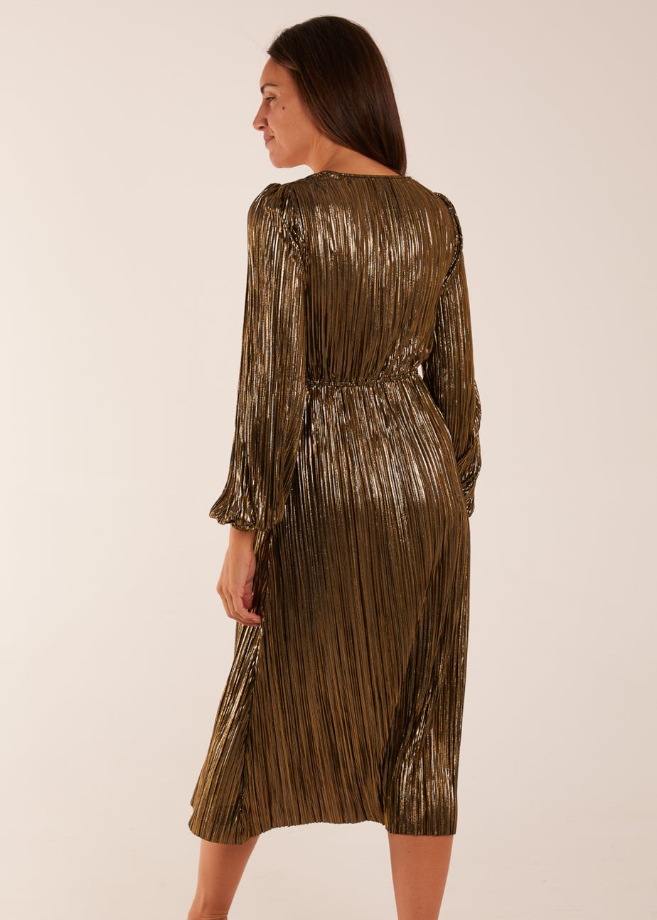 Blue Vanilla Gold Plisse V-Neck Elasticated Midi Dress