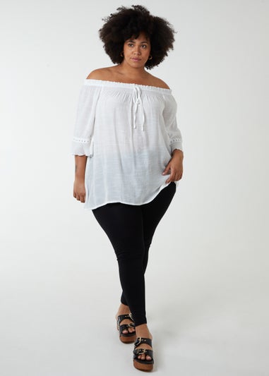 Blue Vanilla Ivory Curve Bardot Tie Front Top