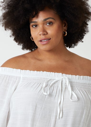 Blue Vanilla Ivory Curve Bardot Tie Front Top