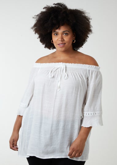 Blue Vanilla Ivory Curve Bardot Tie Front Top