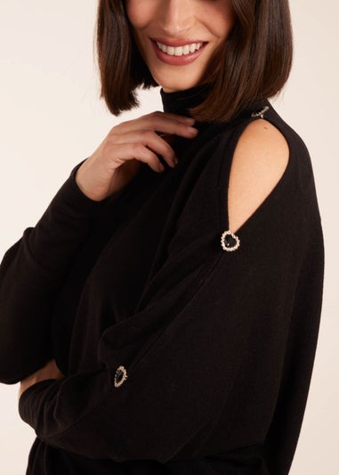 Blue Vanilla Black High Neck Heart Diamante Cold Shoulder Jumper