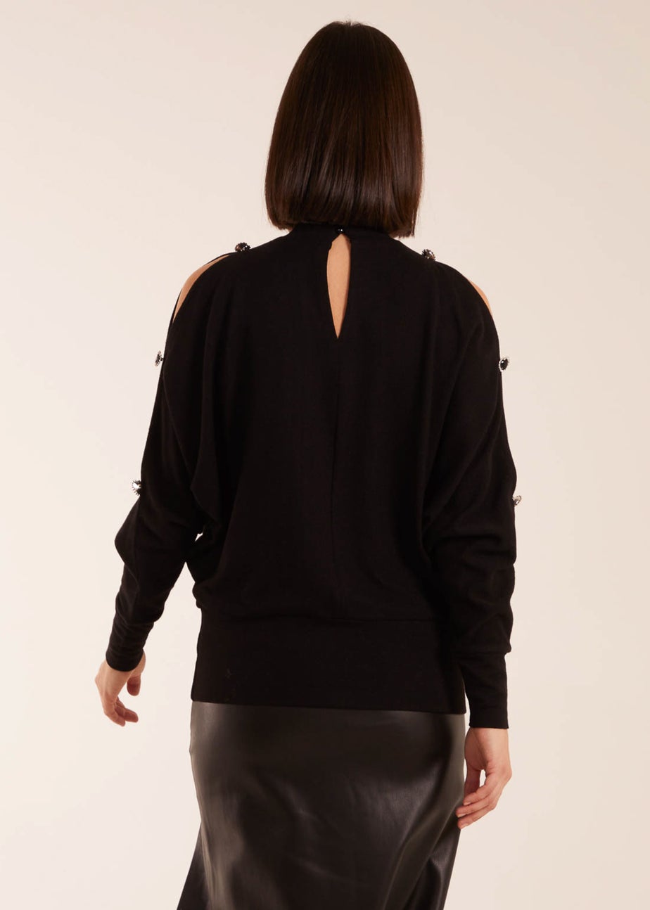 Blue Vanilla Black High Neck Heart Diamante Cold Shoulder Jumper