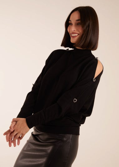 Blue Vanilla Black High Neck Heart Diamante Cold Shoulder Jumper