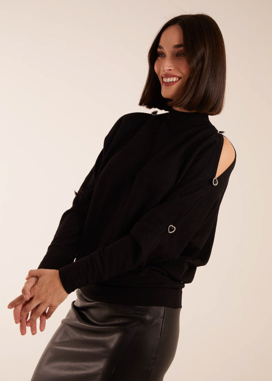 Blue Vanilla Black High Neck Heart Diamante Cold Shoulder Jumper