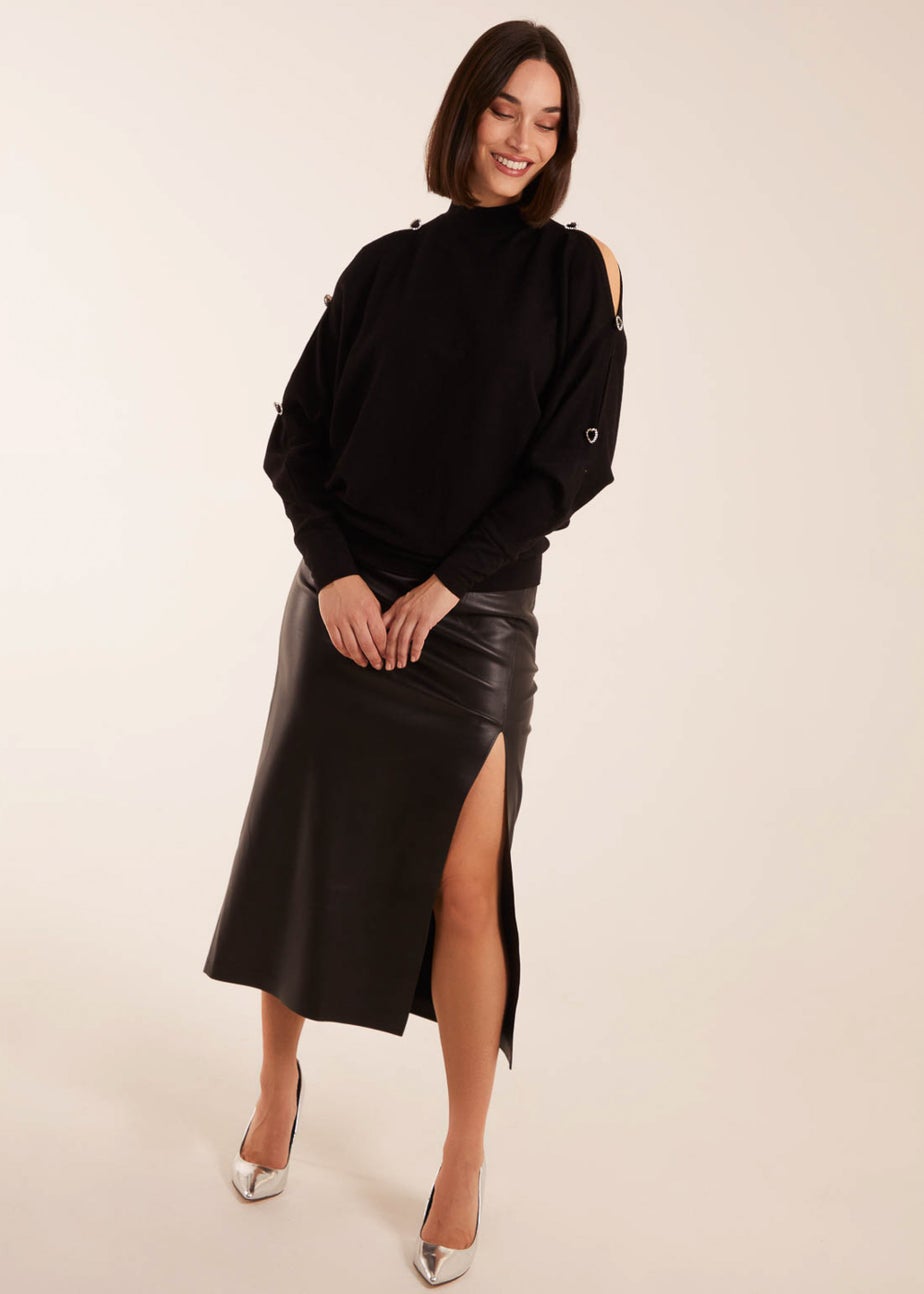 Blue Vanilla Black High Neck Heart Diamante Cold Shoulder Jumper