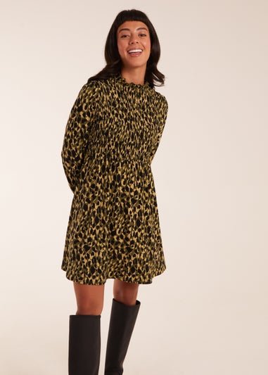 Blue Vanilla Green Shirred Trapeze Frill Neck And Sleeve Mini Dress