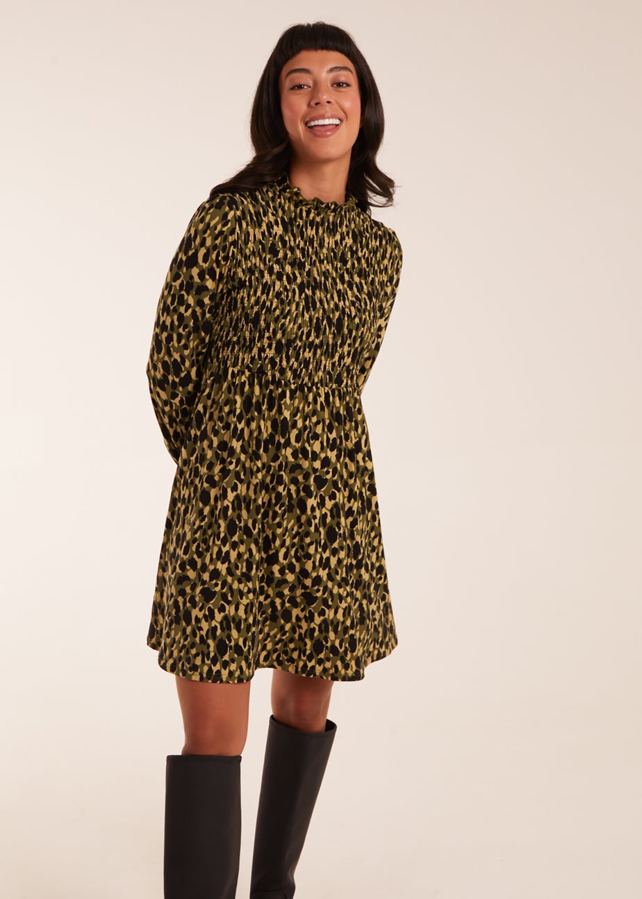 Blue Vanilla Green Shirred Trapeze Frill Neck And Sleeve Mini Dress