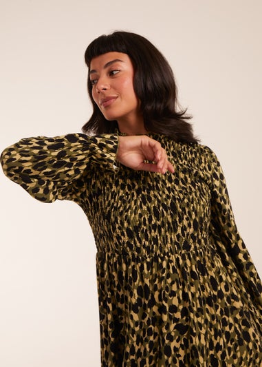 Blue Vanilla Green Shirred Trapeze Frill Neck And Sleeve Mini Dress