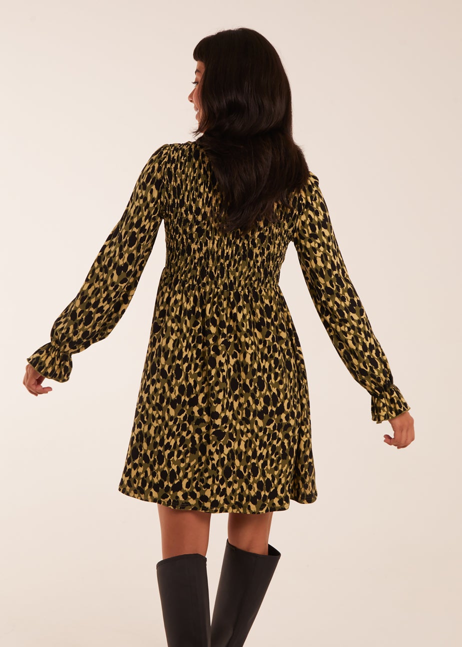 Blue Vanilla Green Shirred Trapeze Frill Neck And Sleeve Mini Dress