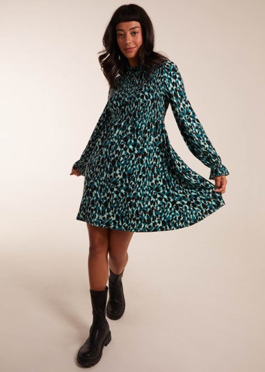 Blue Vanilla Teal Shirred Trapeze Frill Neck And Sleeve Mini Dress