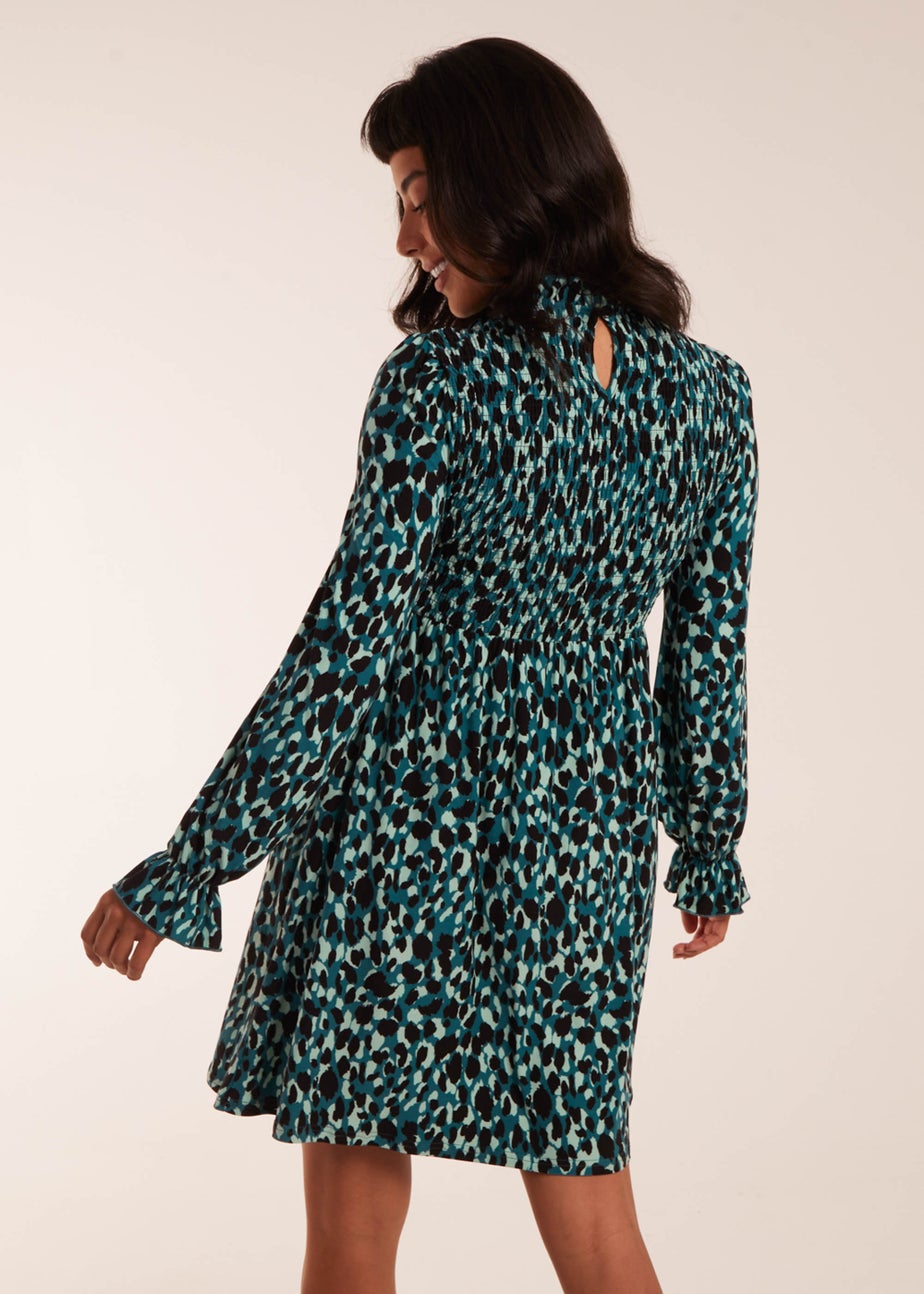 Blue Vanilla Teal Shirred Trapeze Frill Neck And Sleeve Mini Dress