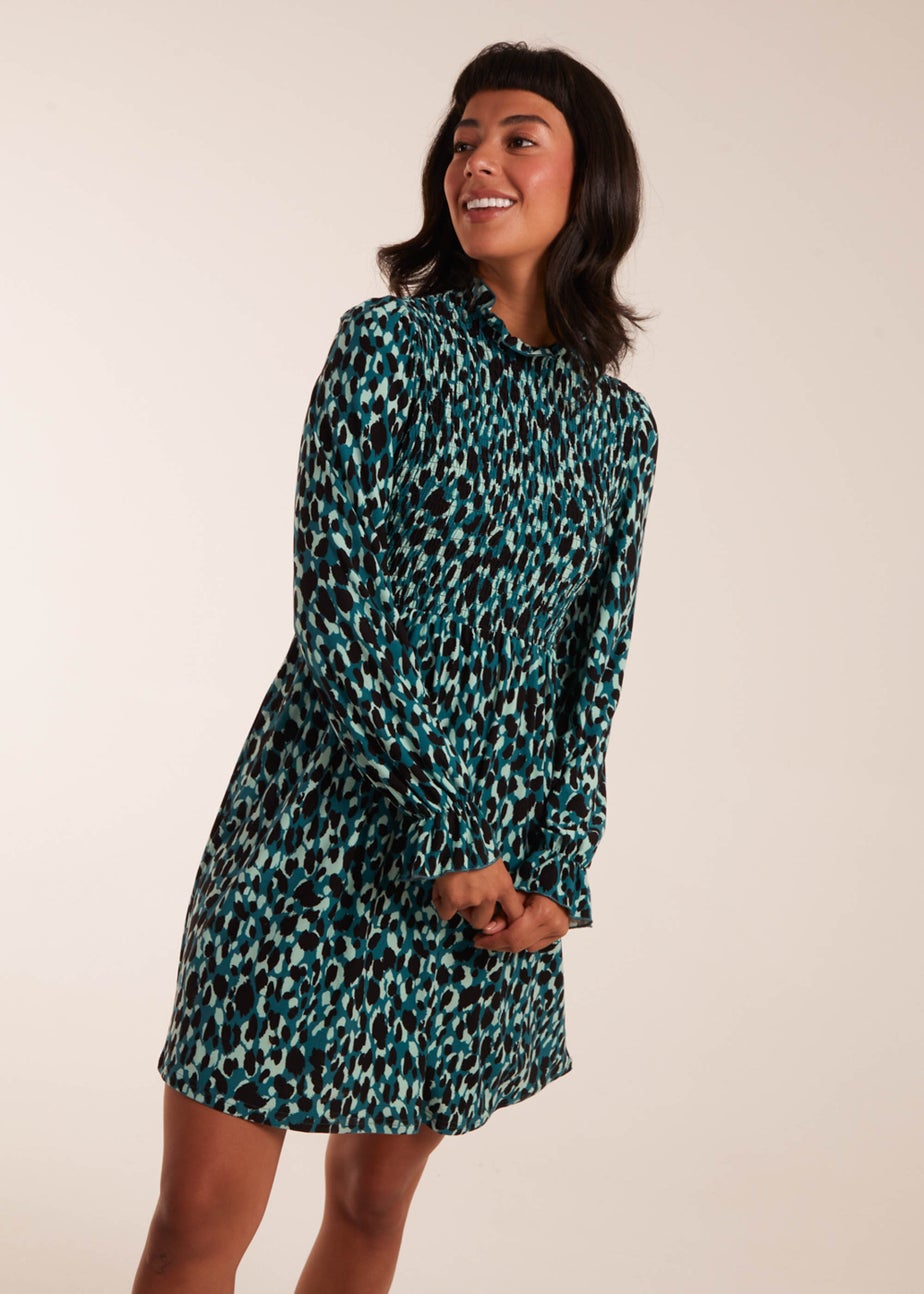 Blue Vanilla Teal Shirred Trapeze Frill Neck And Sleeve Mini Dress