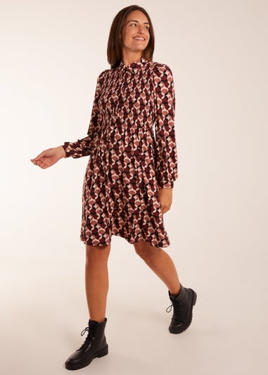 Blue Vanilla Chocolate Geometric Print Shirred Bust Long Sleeve Shirt Dress