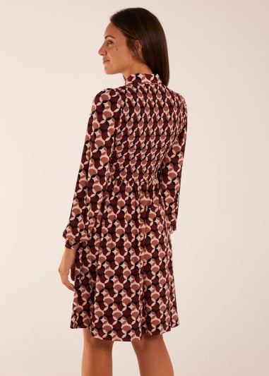 Blue Vanilla Chocolate Geometric Print Shirred Bust Long Sleeve Shirt Dress