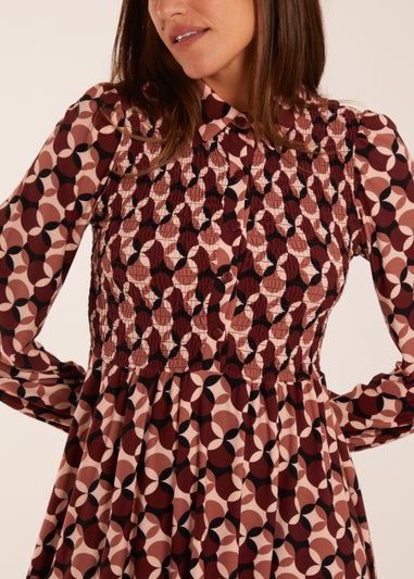 Blue Vanilla Chocolate Geometric Print Shirred Bust Long Sleeve Shirt Dress