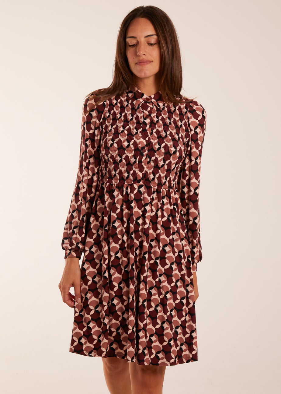 Blue Vanilla Chocolate Geometric Print Shirred Bust Long Sleeve Shirt Dress