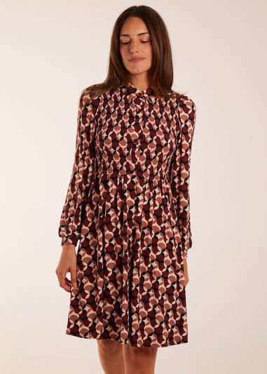 Blue Vanilla Chocolate Geometric Print Shirred Bust Long Sleeve Shirt Dress