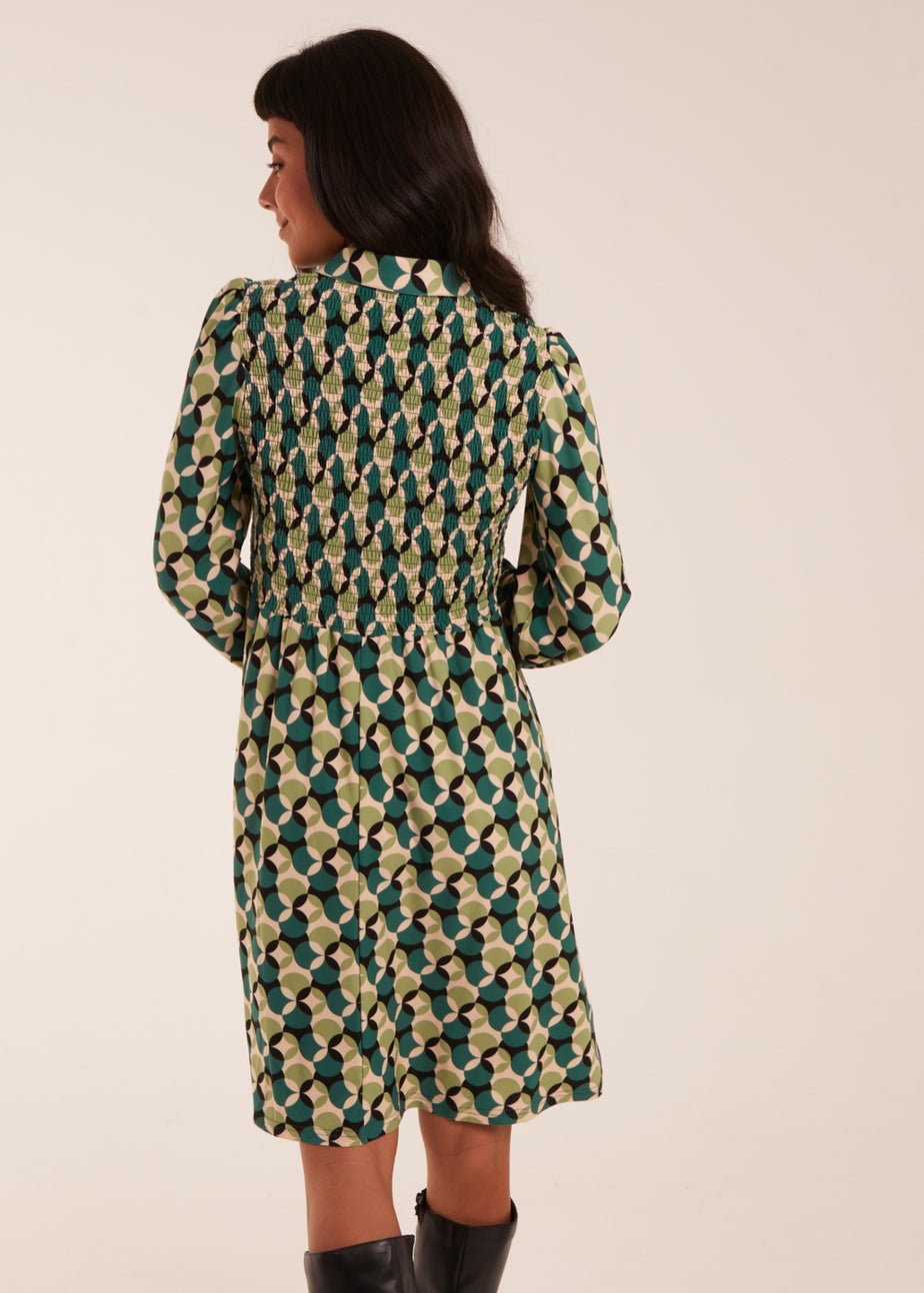 Blue Vanilla Green Geometric Print Shirred Bust Long Sleeve Shirt Dress