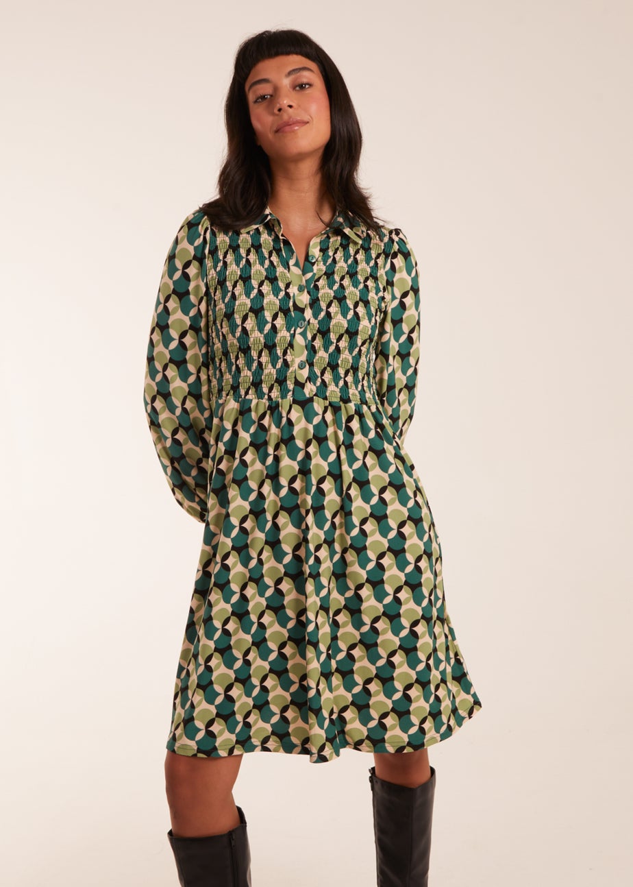 Blue Vanilla Green Geometric Print Shirred Bust Long Sleeve Shirt Dress