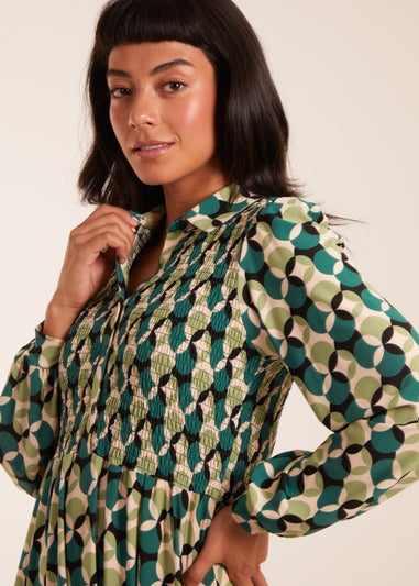 Blue Vanilla Green Geometric Print Shirred Bust Long Sleeve Shirt Dress