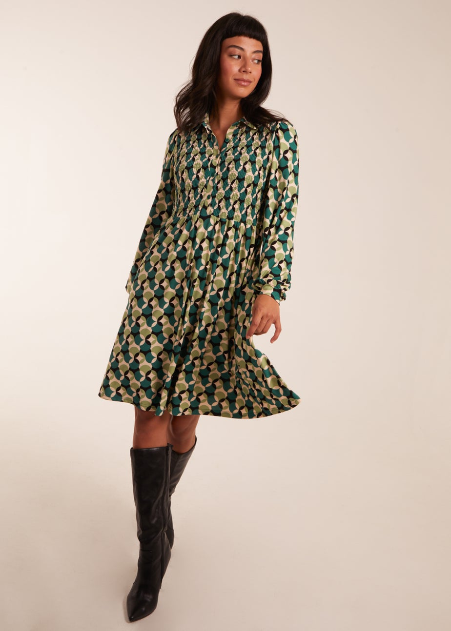 Blue Vanilla Green Geometric Print Shirred Bust Long Sleeve Shirt Dress