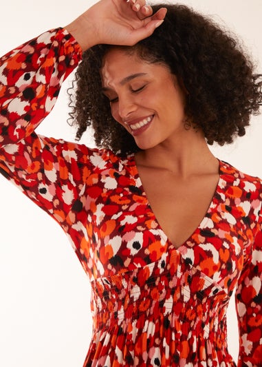 Blue Vanilla Rust V Neck Shirred Waist Midi Dress