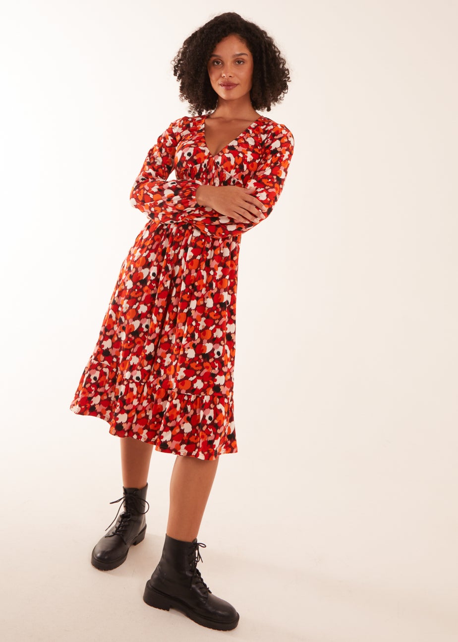 Blue Vanilla Rust V Neck Shirred Waist Midi Dress