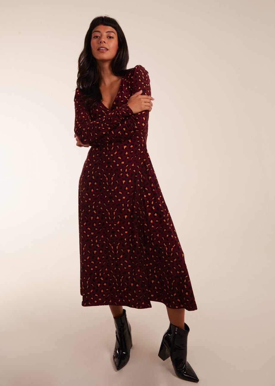 Blue Vanilla Burgundy Leopard Print Wrap Front Ruched Midi Dress