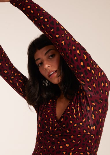 Blue Vanilla Burgundy Leopard Print Wrap Front Ruched Midi Dress