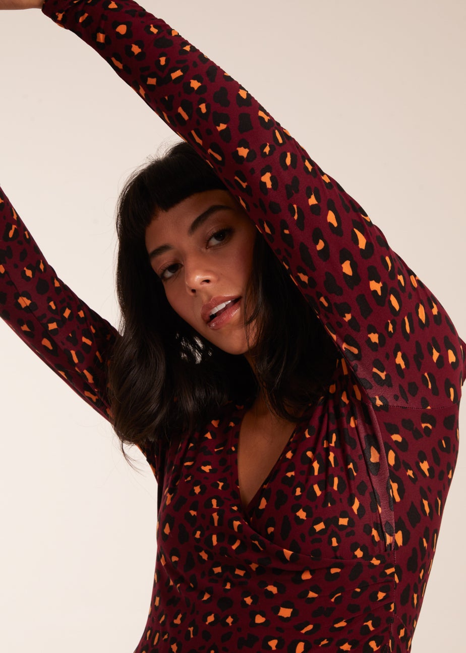 Blue Vanilla Burgundy Leopard Print Wrap Front Ruched Midi Dress