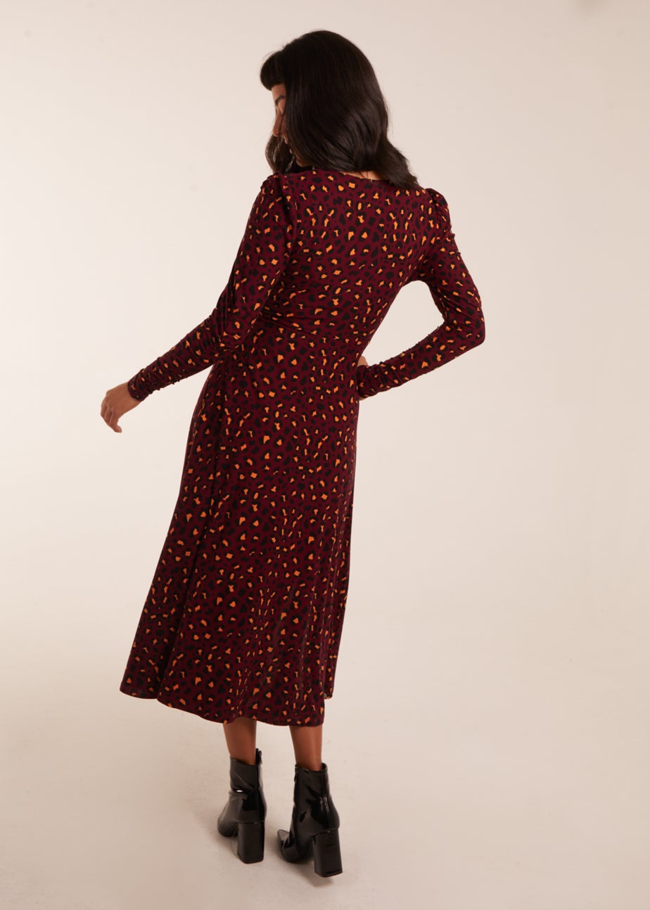 Blue Vanilla Burgundy Leopard Print Wrap Front Ruched Midi Dress
