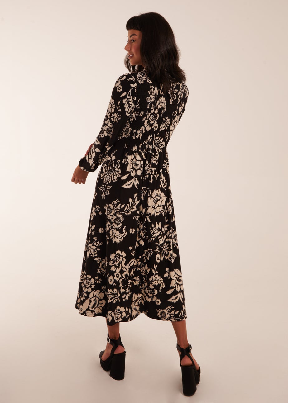 Blue Vanilla Black Shirred Bust Long Sleeve Midi Shirt Dress