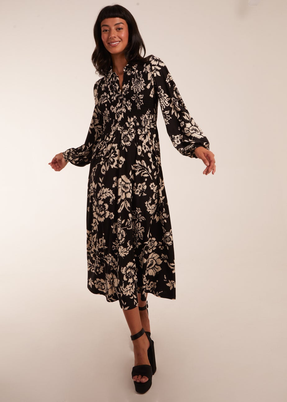 Blue Vanilla Black Shirred Bust Long Sleeve Midi Shirt Dress