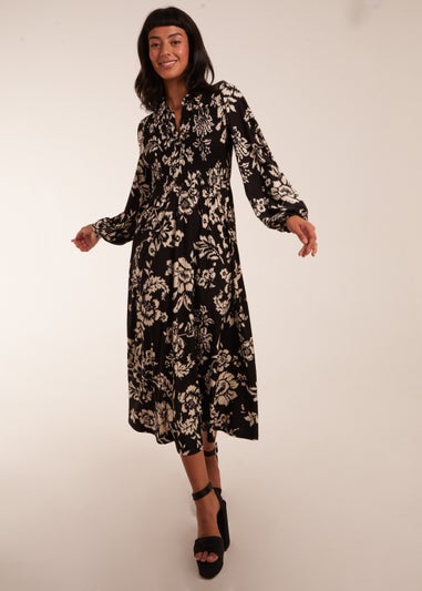 Blue Vanilla Black Shirred Bust Long Sleeve Midi Shirt Dress