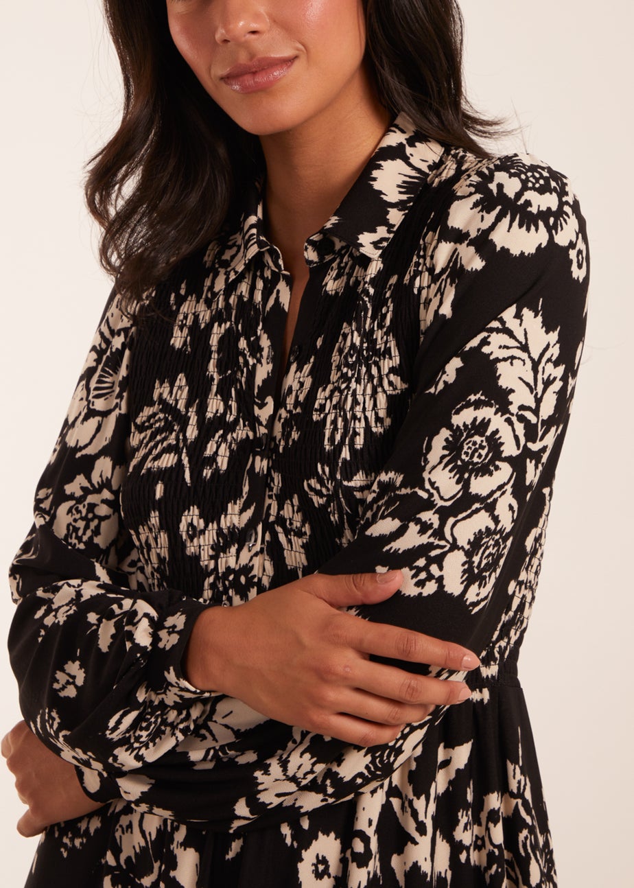 Blue Vanilla Black Shirred Bust Long Sleeve Midi Shirt Dress