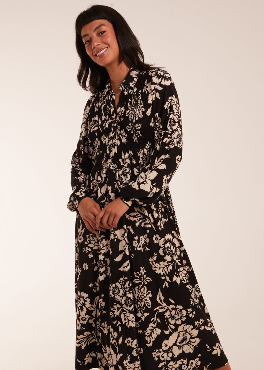 Blue Vanilla Black Shirred Bust Long Sleeve Midi Shirt Dress