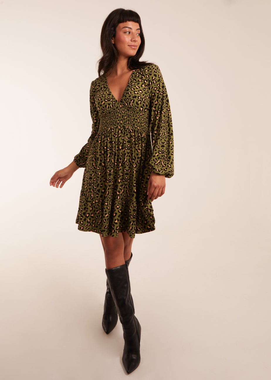 Blue Vanilla Khaki Shirring Elastic Sleeve Tier Mini Dress