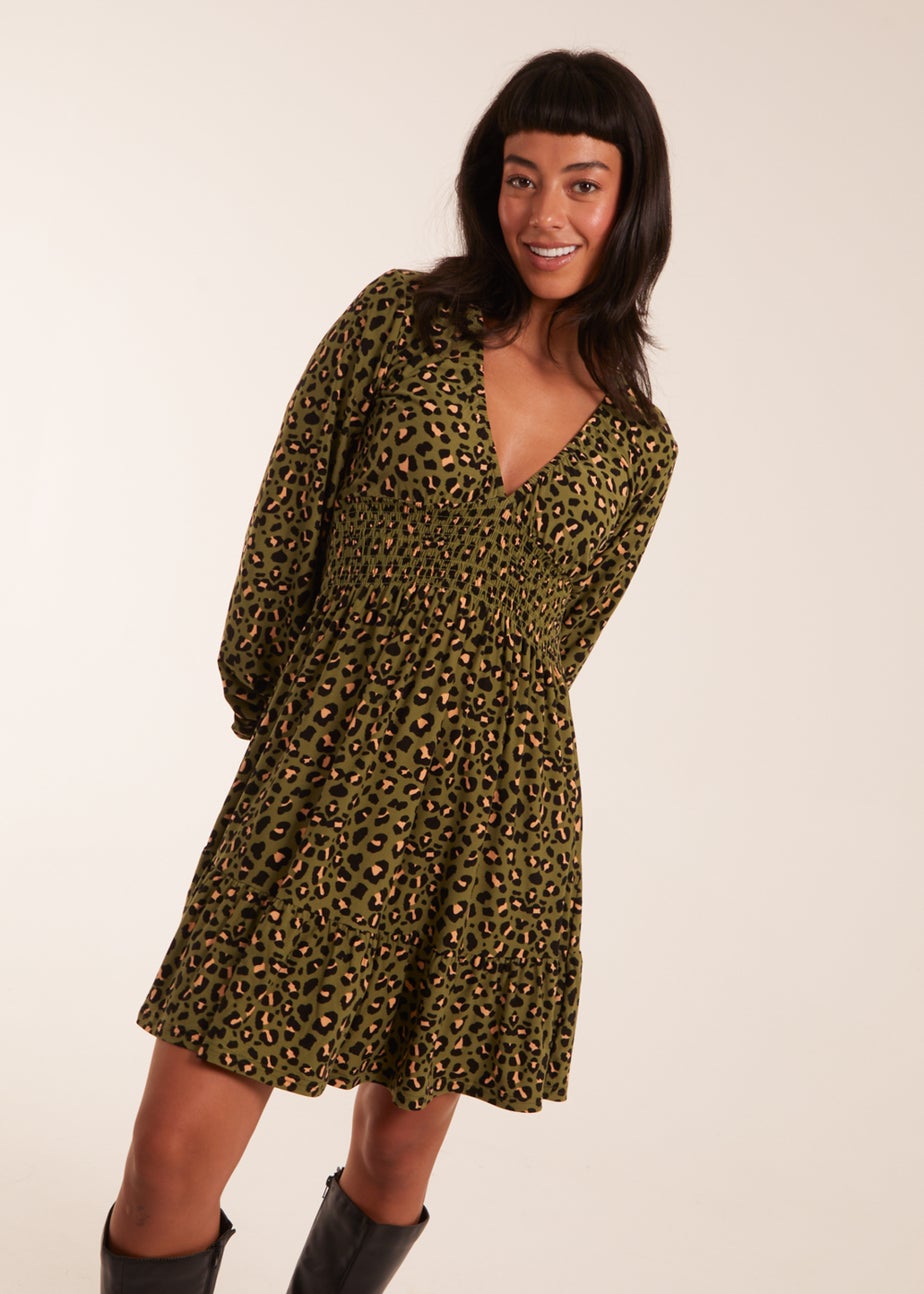 Blue Vanilla Khaki Shirring Elastic Sleeve Tier Mini Dress