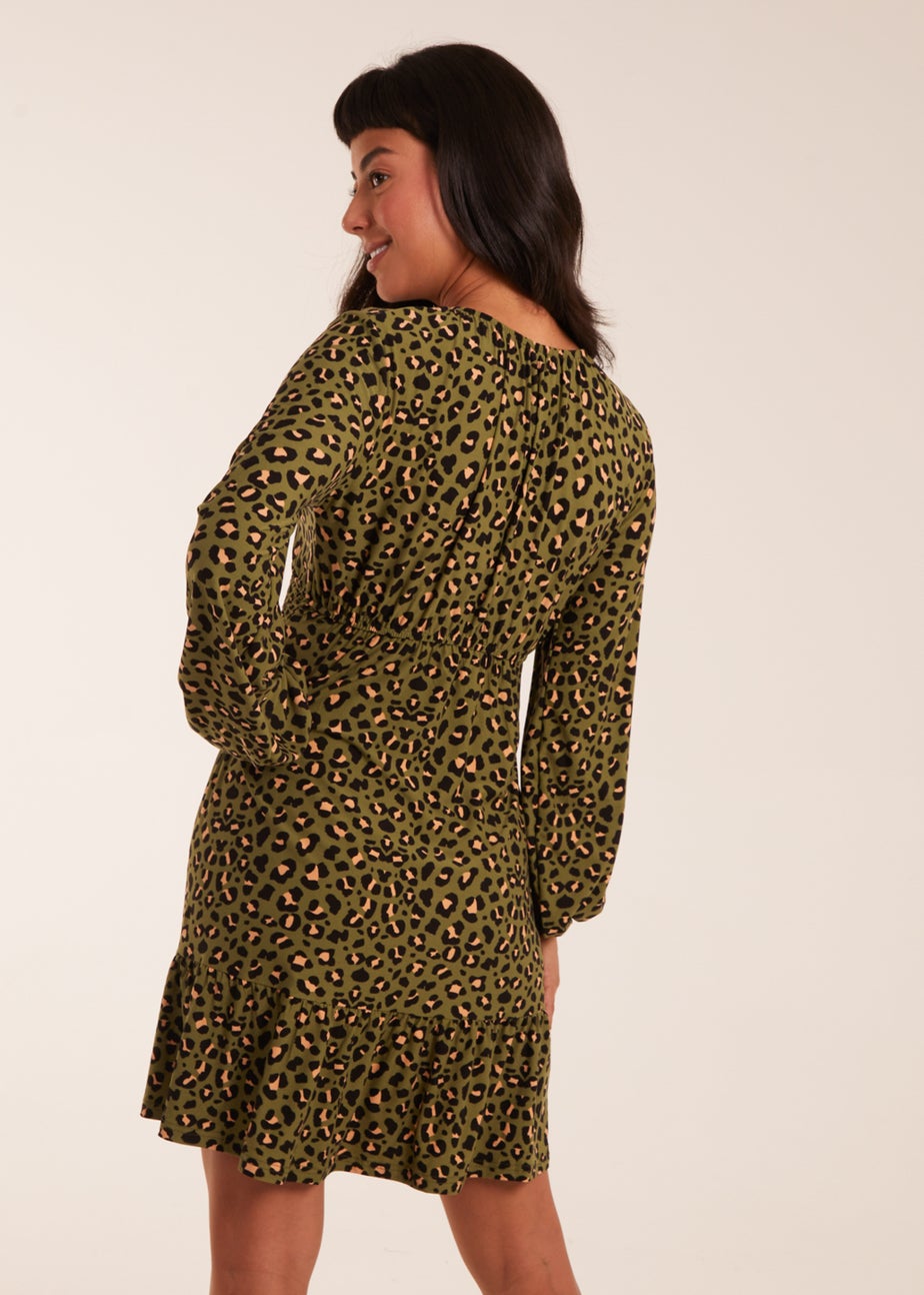 Blue Vanilla Khaki Shirring Elastic Sleeve Tier Mini Dress