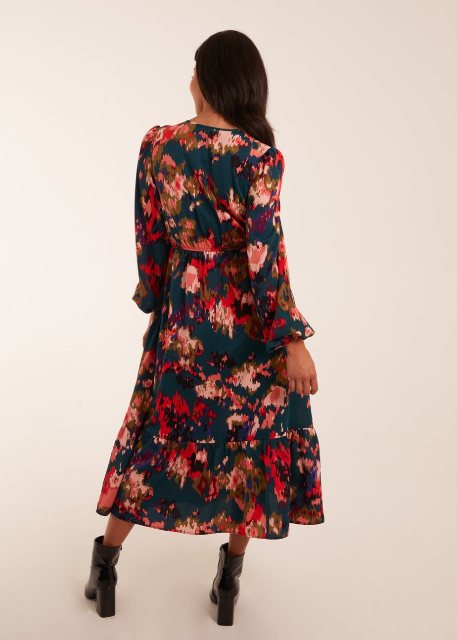 Blue Vanilla Multi Floral V Neck Button Down Frill Hem Dress