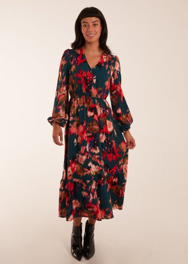 Blue Vanilla Multi Floral V Neck Button Down Frill Hem Dress