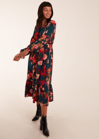 Blue Vanilla Multi Floral V Neck Button Down Frill Hem Dress