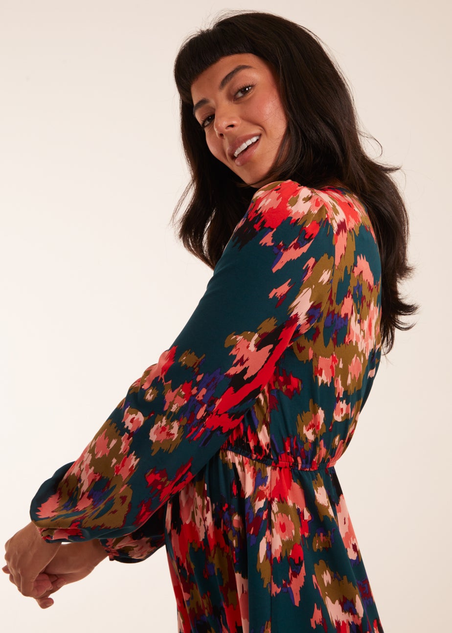 Blue Vanilla Multi Floral V Neck Button Down Frill Hem Dress