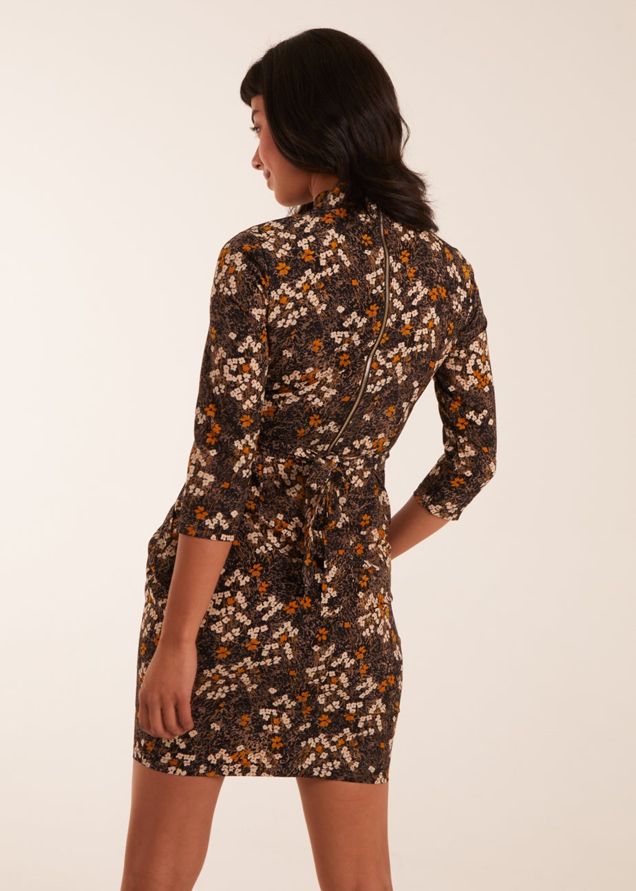 Blue Vanilla Mustard High Neck 3/4 Sleeve Dress With Belt