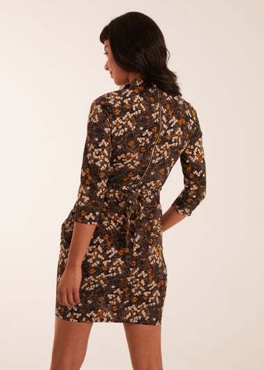 Blue Vanilla Mustard High Neck 3/4 Sleeve Dress With Belt