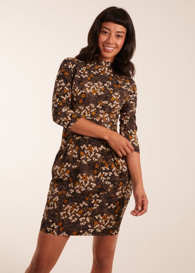 Blue Vanilla Mustard High Neck 3/4 Sleeve Dress With Belt