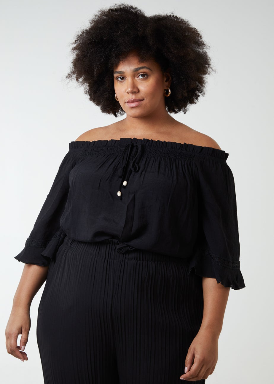 Blue Vanilla Black Curve Bardot Tie Front Top