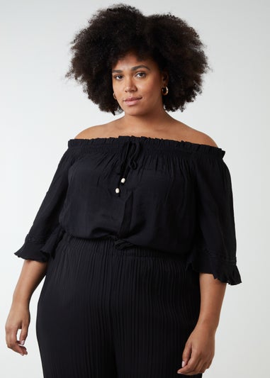 Blue Vanilla Black Curve Bardot Tie Front Top