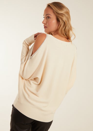 Blue Vanilla Stone Diamante Leaf Shoulder Batwing Jumper